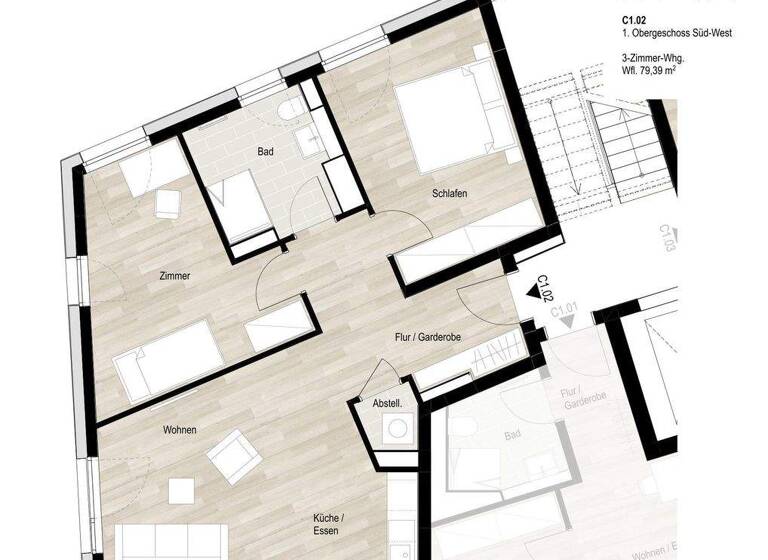 Wohnung zur Miete - Erstbezug 1.210 € 3 Zimmer 79,4 m² 1. Geschoss Happelstraße 43 Heilbronn 74074