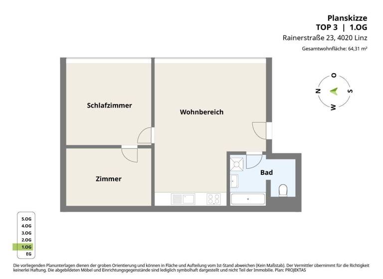 Wohnung zur Miete 639 € 2,5 Zimmer 64,5 m² 1. Geschoss Rainerstraße 23 Linz 4020