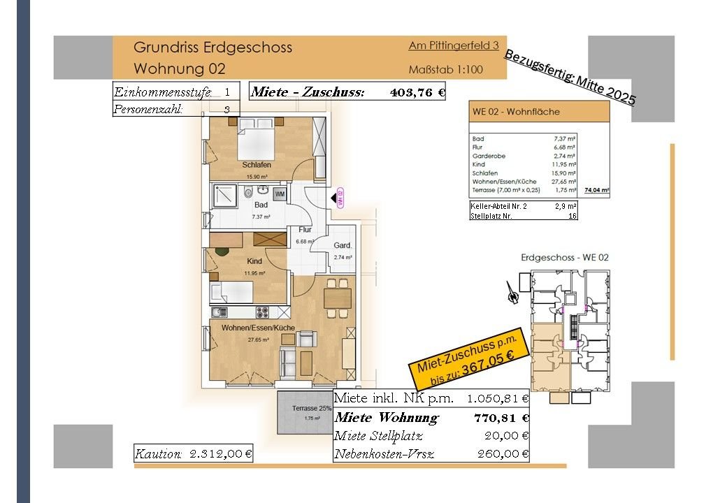 Wohnung zur Miete 403,76 € 3 Zimmer 74 m²<br/>Wohnfläche EG<br/>Geschoss Am Pittingerfeld 3 Wörth Wörth an der Donau 93086