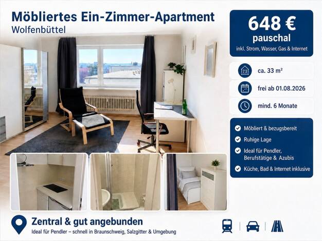 Studio zur Miete 448 € 1 Zimmer 34 m² 4. Geschoss frei ab sofort Stadtgebiet Wolfenbüttel 38300