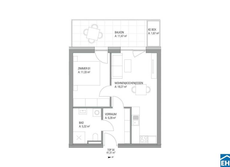 Wohnung zur Miete 532 € 2 Zimmer 41,3 m² 2. Geschoss frei ab 01.05.2026 Grenadiergasse Gries Graz 8020