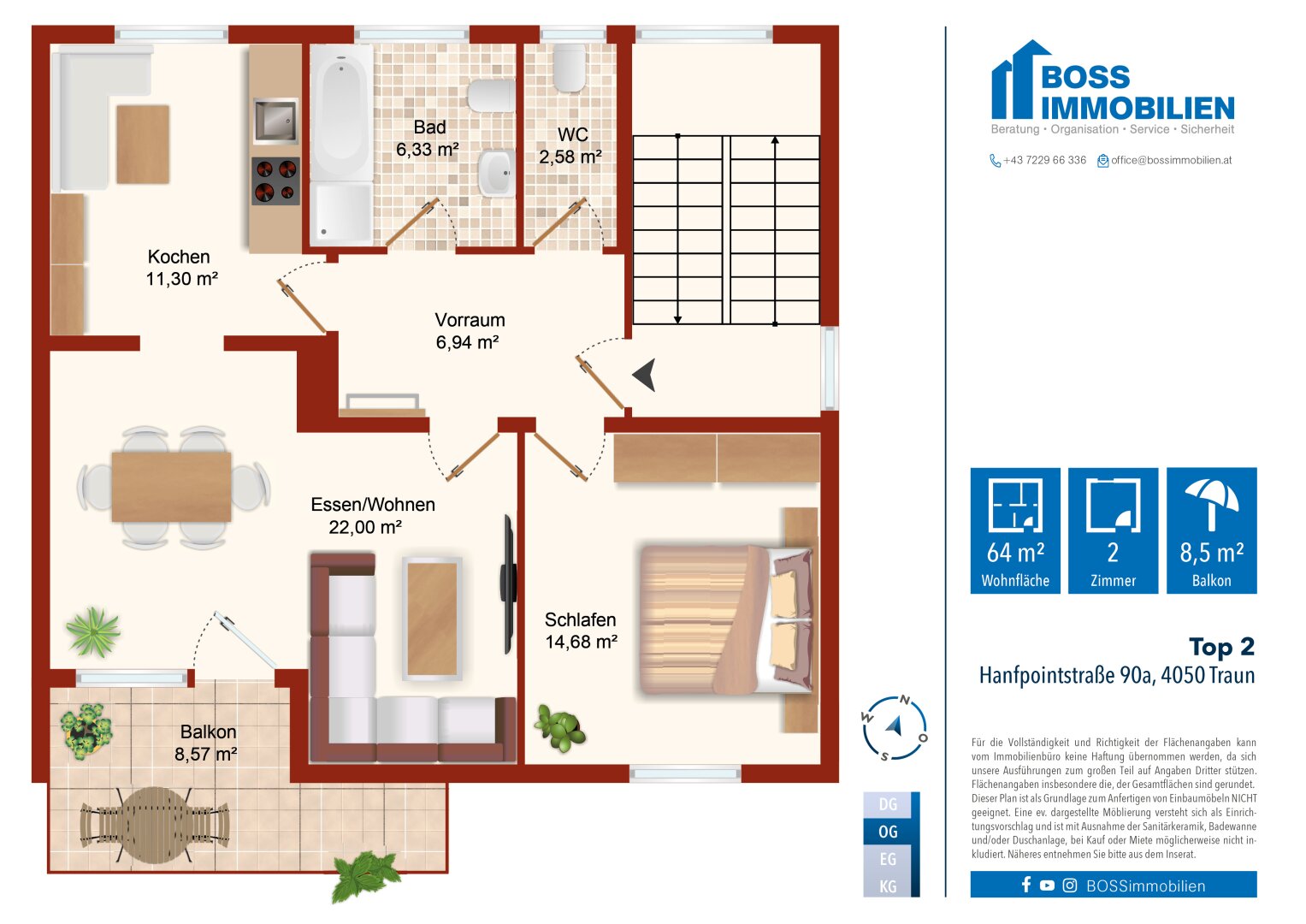 Wohnung zum Kauf 178.000 € 2,5 Zimmer 64 m²<br/>Wohnfläche 1.<br/>Geschoss Hanfpointstraße 90a Traun 4050