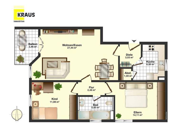 Wohnung zum Kauf 277.000 € 3 Zimmer 71 m² Geschoss 2/3 frei ab 01.05.2026 Straß Nersingen 89278