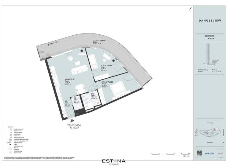 Wohnung zur Miete 1.760 € 3 Zimmer 70,9 m² 6. Geschoss Wagramer Straße Wien 1220