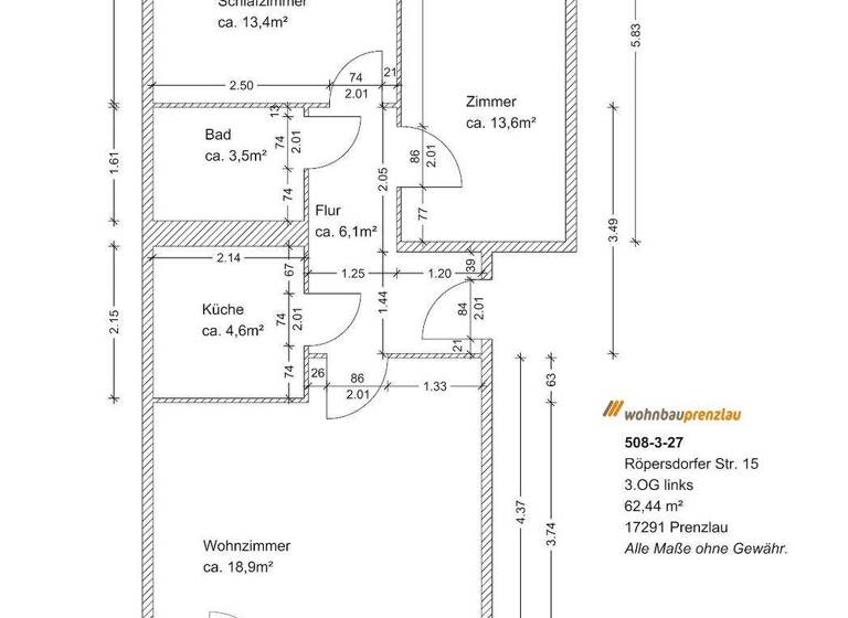 Wohnung zur Miete 400 € 3 Zimmer 62,4 m² 3. Geschoss Röpersdorfer Straße 15 Prenzlau 17291