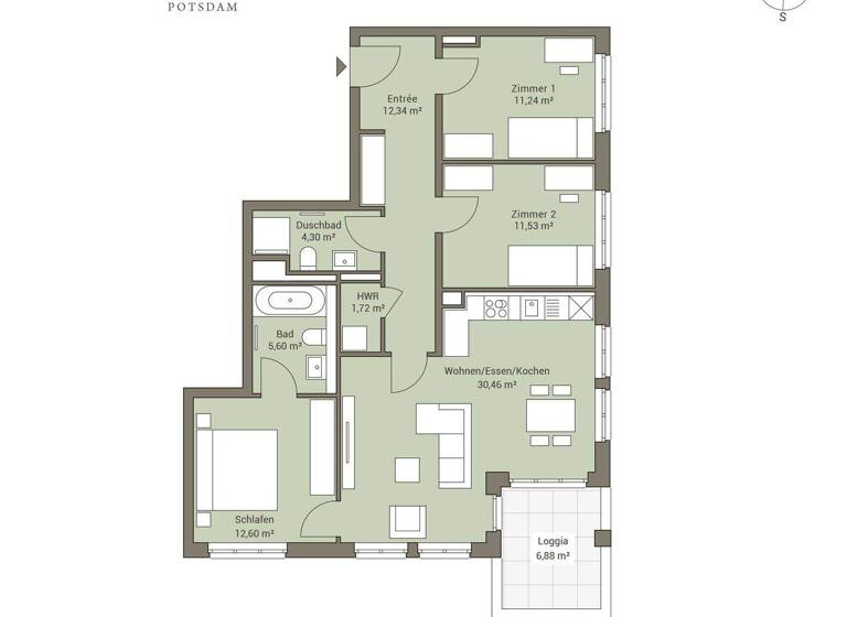 Wohnung zum Kauf - Erstbezug provisionsfrei 659.500 € 4 Zimmer 93,2 m² 1. Geschoss Georg-Hermann-Allee 117 Bornstedter Feld Potsdam 14469