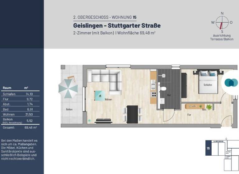 Wohnung zur Miete - Erstbezug 820 € 2 Zimmer 69,6 m² 2. Geschoss frei ab 16.04.2026 Stuttgarter Straße 45 Geislingen Geislingen an der Steige 73312