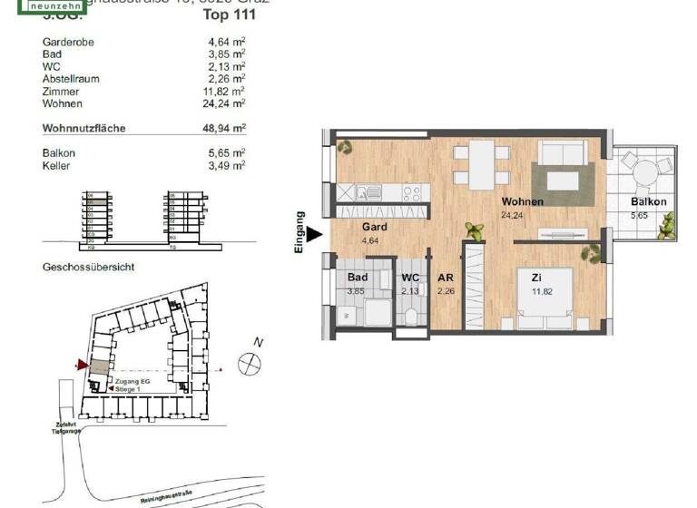 Wohnung zur Miete 565 € 2 Zimmer 48,9 m² 5. Geschoss frei ab 01.04.2026 Reininghausstraße 10 Eggenberg Graz 8020