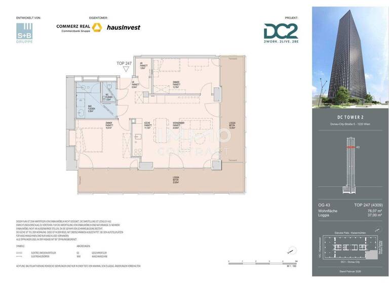 Wohnung zur Miete - Erstbezug 2.590 € 3 Zimmer 76,1 m² 43. Geschoss frei ab 01.11.2026 Wien 1220