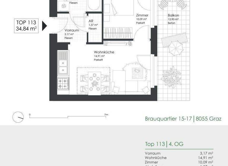 Wohnung zur Miete 416 € 2 Zimmer 34,8 m² 4. Geschoss frei ab 01.06.2026 Brauquartier 15-17 Puntigam Graz 8055