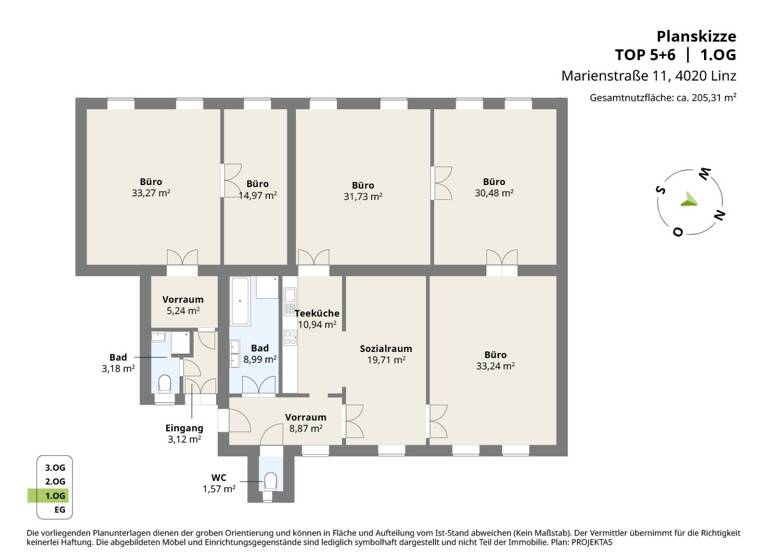Bürofläche zur Miete 2.080 € 6 Zimmer 208 m² Bürofläche Marienstrasse 11 Linz 4020