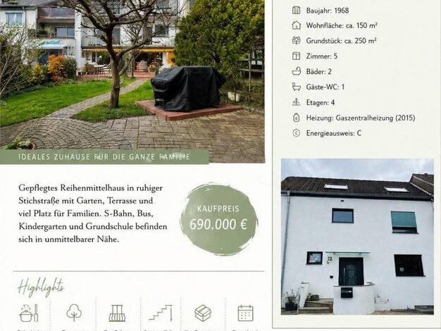 Reihenmittelhaus zum Kauf provisionsfrei 690.000 € 5 Zimmer 155 m² 250 m² Grundstück frei ab 01.08.2026 Weisskirchenerstraße 57 Stierstadt Oberursel 61440