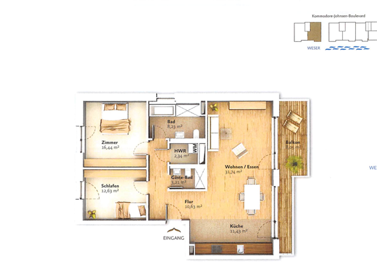 Wohnung zur Miete 1.320 € 3 Zimmer 104,8 m² 4. Geschoss frei ab 01.04.2026 Kommodore-Johnsen-Boulevard 6 Handelshäfen Bremen 28217