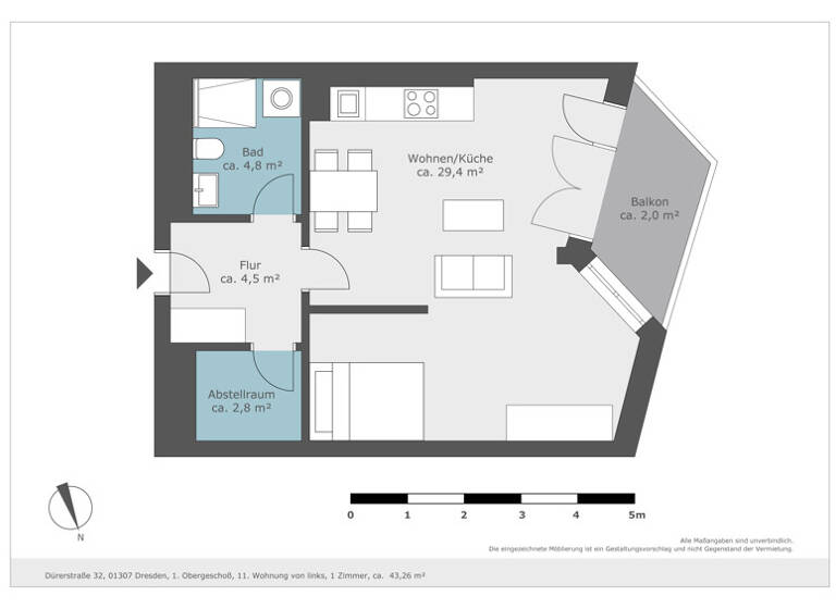 Studio zur Miete 564 € 1 Zimmer 42,8 m² 1. Geschoss frei ab 11.04.2026 Dürerstr. 32 Johannstadt-Süd Dresden 01307