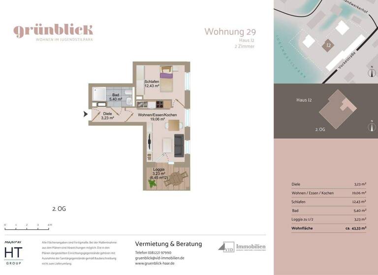 Wohnung zur Miete 1.135 € 2 Zimmer 43,3 m² 2. Geschoss frei ab sofort Haar 85540