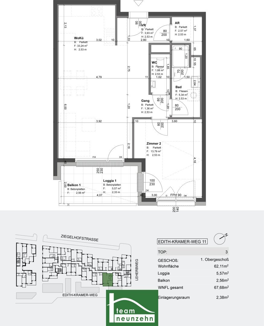 Wohnung zum Kauf provisionsfrei 309.836 € 2 Zimmer 62,7 m²<br/>Wohnfläche 1.<br/>Geschoss Edith Kramer Weg 11 Wien 1220