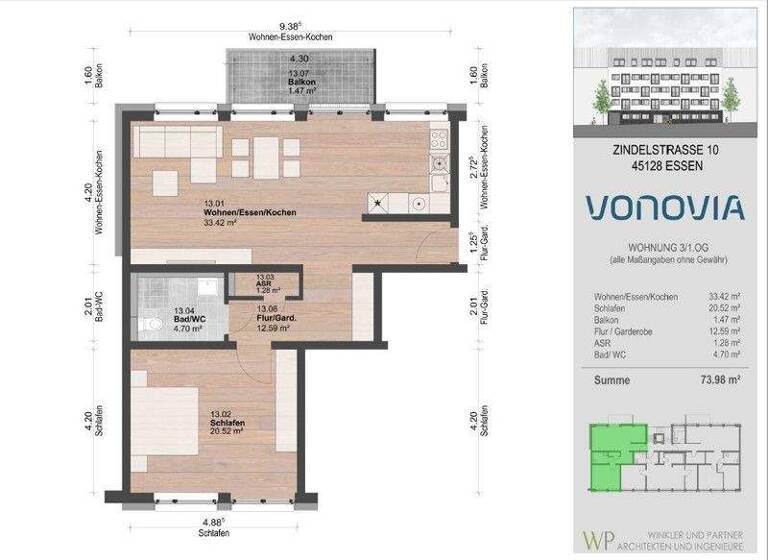 Wohnung zur Miete 922 € 2 Zimmer 70,9 m² 1. Geschoss frei ab 08.03.2026 Zindelstraße 8 Südviertel Essen 45128