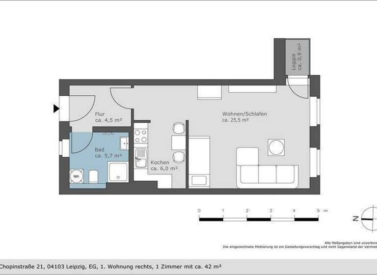 Wohnung zur Miete 656 € 1 Zimmer 42,5 m² Chopinstraße 21 Zentrum-Ost Leipzig 04103