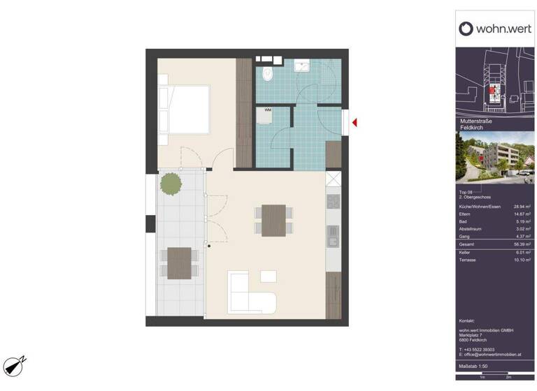 Terrassenwohnung zum Kauf - Erstbezug 425.000 € 2 Zimmer 56,4 m² 2. Geschoss frei ab 01.07.2026 Mutterstraße 11 Feldkirch 6800