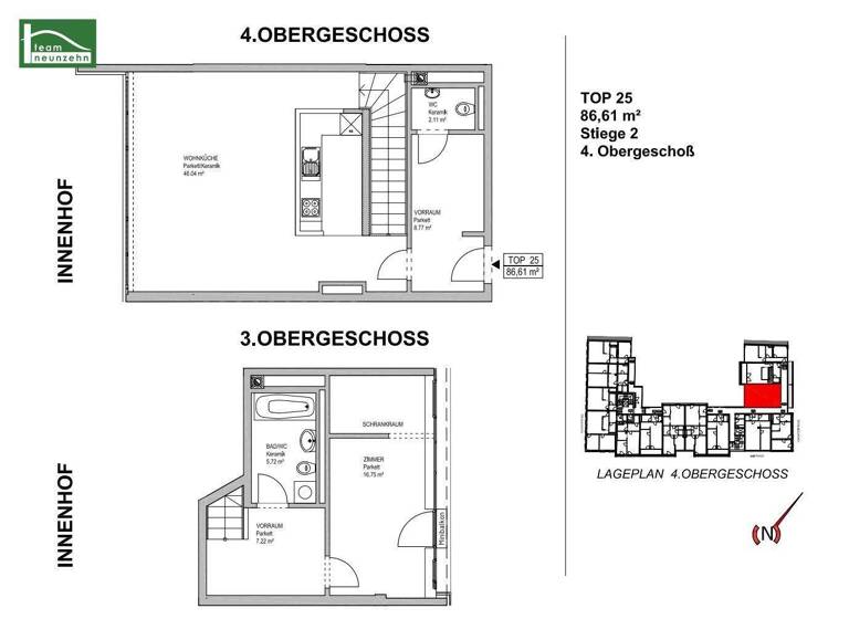 Wohnung zur Miete 1.100 € 2 Zimmer 86,6 m² 4. Geschoss Innstraße 23 Wien 1200