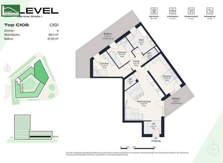 Wohnung zur Miete - Erstbezug 1.077 € 4 Zimmer 96,1 m² 1. Geschoss frei ab 01.05.2026 Kärntner Straße 1 Gries Graz 8020