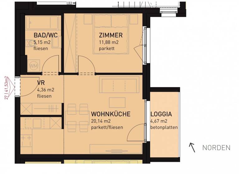 Wohnung zur Miete - Erstbezug 620 € 2 Zimmer 41,5 m² 2. Geschoss frei ab 01.06.2026 Lorettoplatz 1 Wien 1210