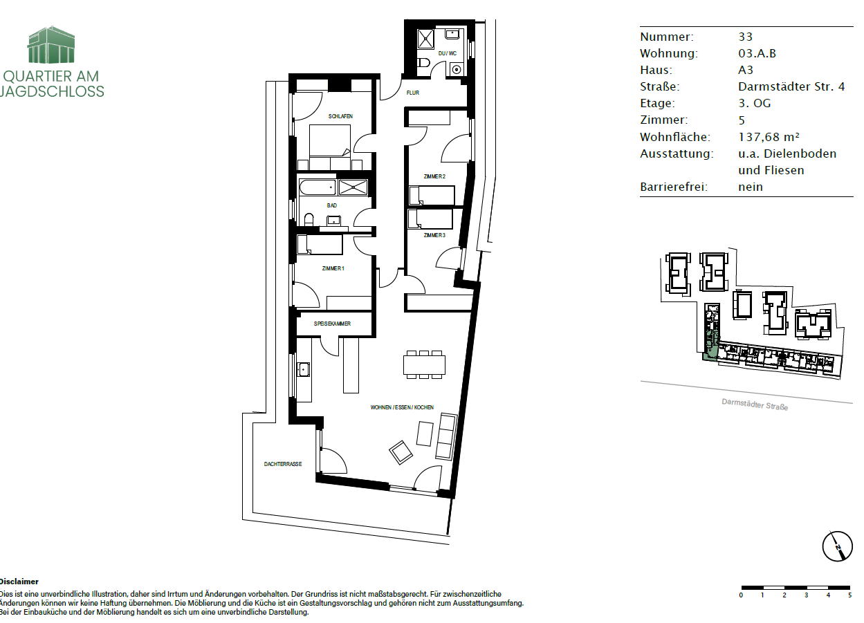 Penthouse zur Miete 2.295 € 5 Zimmer 137,7 m²<br/>Wohnfläche 3.<br/>Geschoss Darmstädter Straße 4 Bickenbach 64404