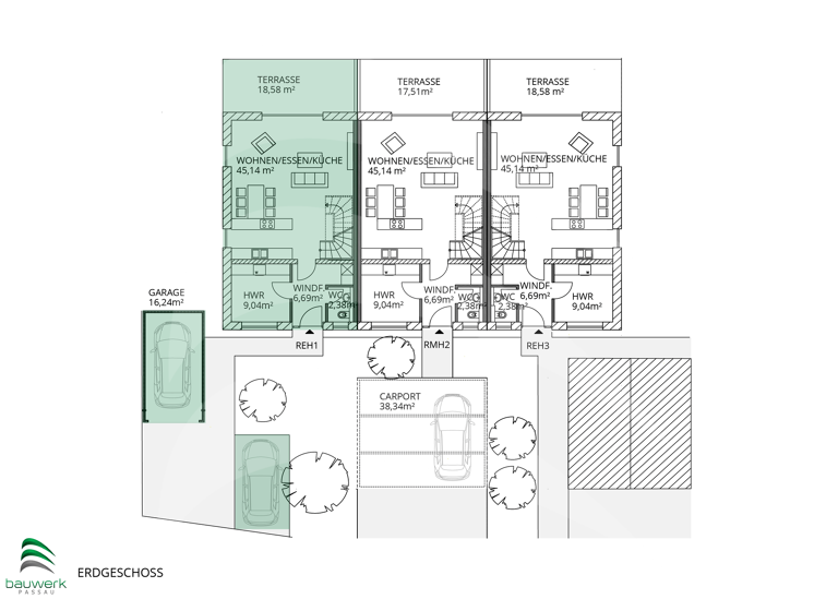 Reihenendhaus zum Kauf - Erstbezug provisionsfrei 509.900 € 4 Zimmer 121,6 m² 358 m² Grundstück Hochring 59 Denkhof Büchlberg 94124