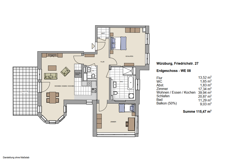 Wohnung zur Miete 1.600 € 3 Zimmer 115,5 m² frei ab 01.05.2026 Friedrichstraße 27 Zellerau Würzburg 97082