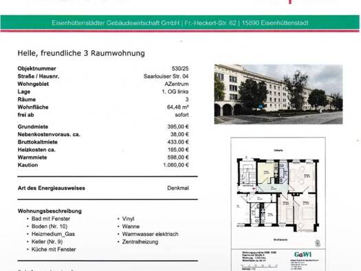 Wohnung zur Miete 395 € 3 Zimmer 65 m² Geschoss 2/4 frei ab 01.09.2026 Eisenhüttenstadt Eisenhüttenstadt 15890