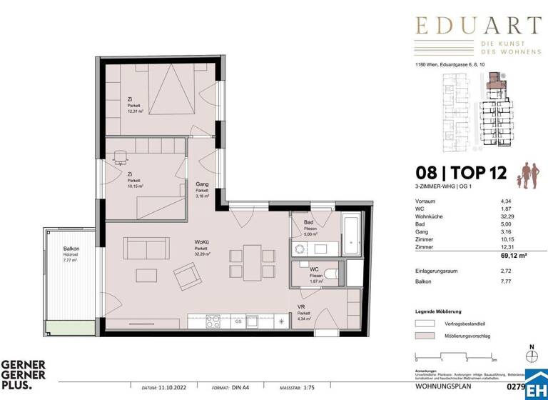 Wohnung zur Miete 1.386 € 3 Zimmer 69,1 m² 1. Geschoss frei ab 01.05.2026 Eduardgasse Wien 1180