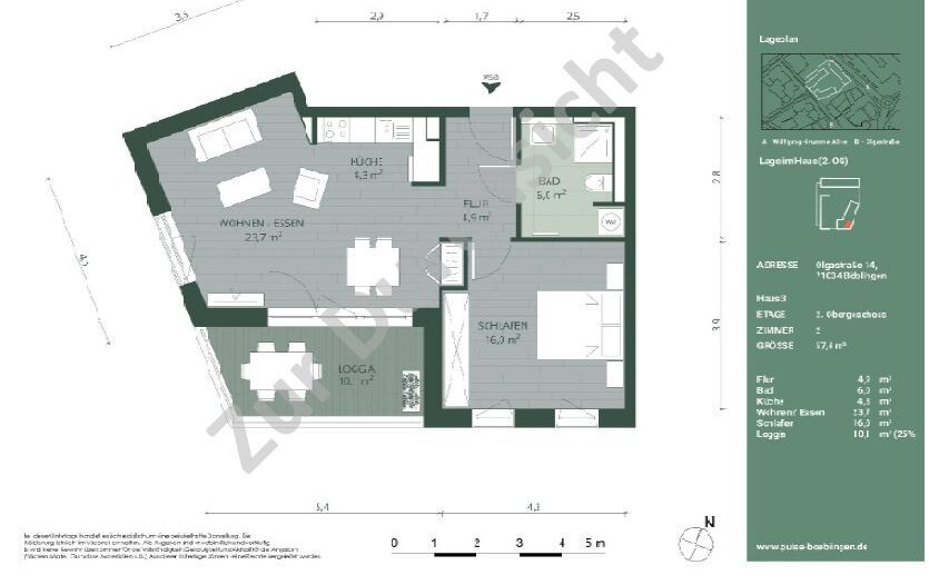 Wohnung zur Miete 960 € 2 Zimmer 57,4 m²<br/>Wohnfläche 2.<br/>Geschoss ab sofort<br/>Verfügbarkeit Olgastr 14 Unterstadt / Galgenberg Böblingen 71032