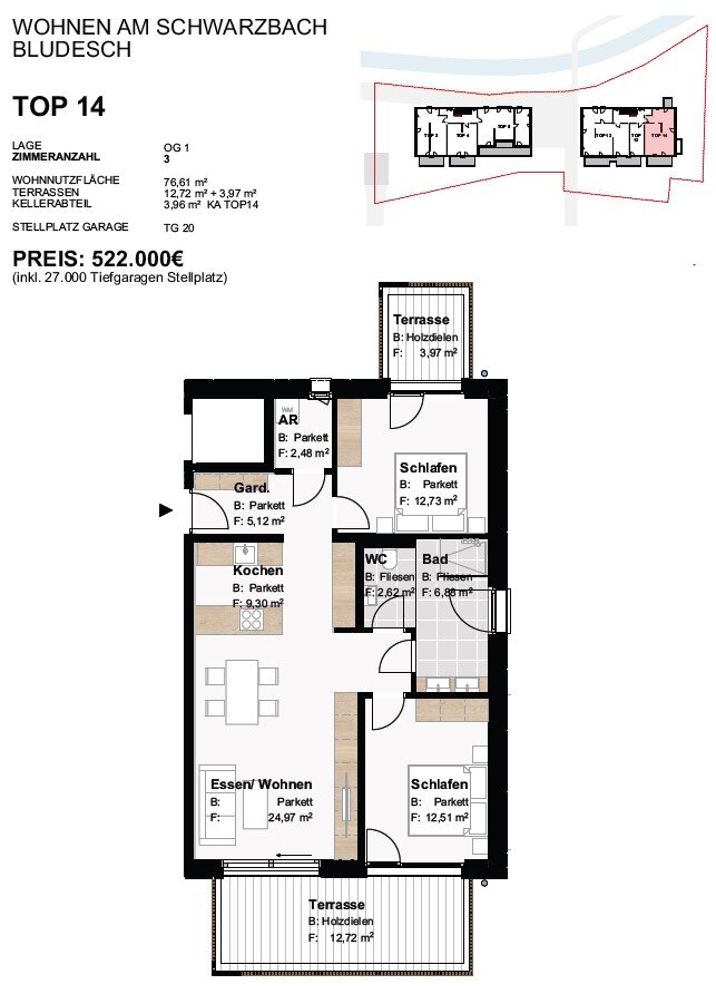 Wohnung zum Kauf provisionsfrei 522.000 € 3 Zimmer 76,8 m²<br/>Wohnfläche 1.<br/>Geschoss Bludesch 6719