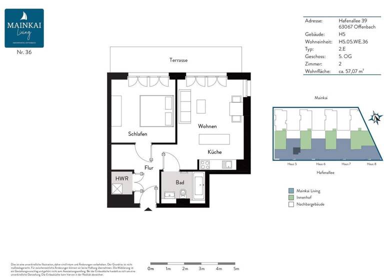 Penthouse zur Miete 1.125 € 2 Zimmer 57,4 m² 5. Geschoss Hafenallee 39 Kaiserlei Offenbach am Main 63067
