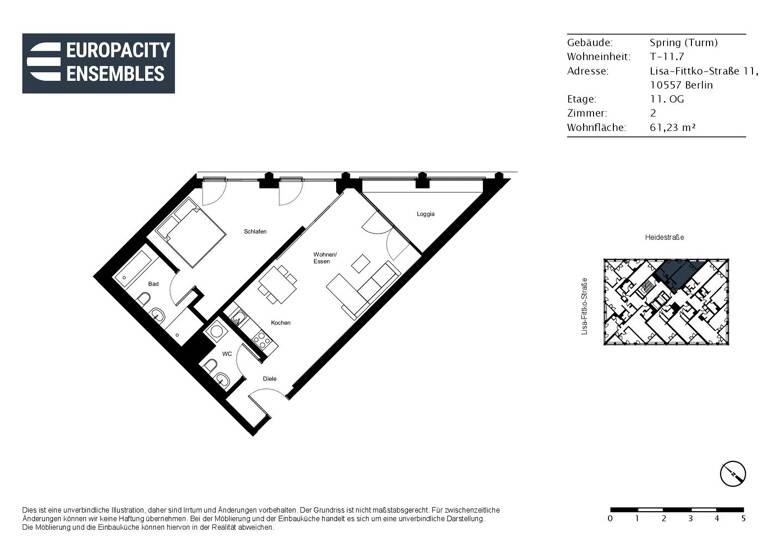 Wohnung zur Miete - Erstbezug 1.665 € 2 Zimmer 61,2 m² 11. Geschoss Lisa-Fittko-Straße 11 Moabit Berlin 10557