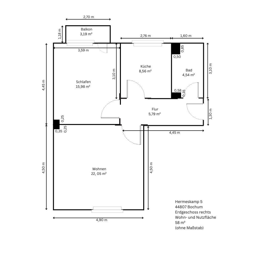 Wohnung zur Miete 950 € 2 Zimmer 58 m²<br/>Wohnfläche EG<br/>Geschoss Riemke Bochum 44807