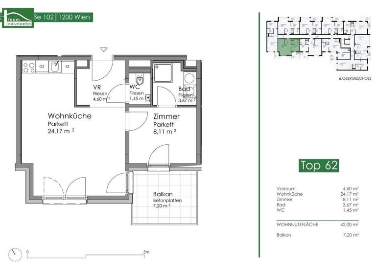 Wohnung zur Miete 798 € 2 Zimmer 42,8 m² 6. Geschoss frei ab 01.03.2026 Engerthstraße 102 Wien 1200