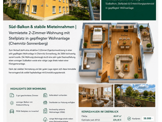 Wohnung zum Kauf als Kapitalanlage geeignet 38.000 € 2 Zimmer 45,1 m² Sonnenberg Chemnitz 09130