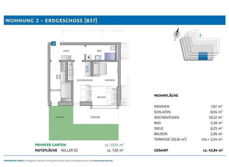 Terrassenwohnung zum Kauf - Erstbezug provisionsfrei 217.446 € 2 Zimmer 43,8 m² EG Bäumlstraße 37 Amberg 92224