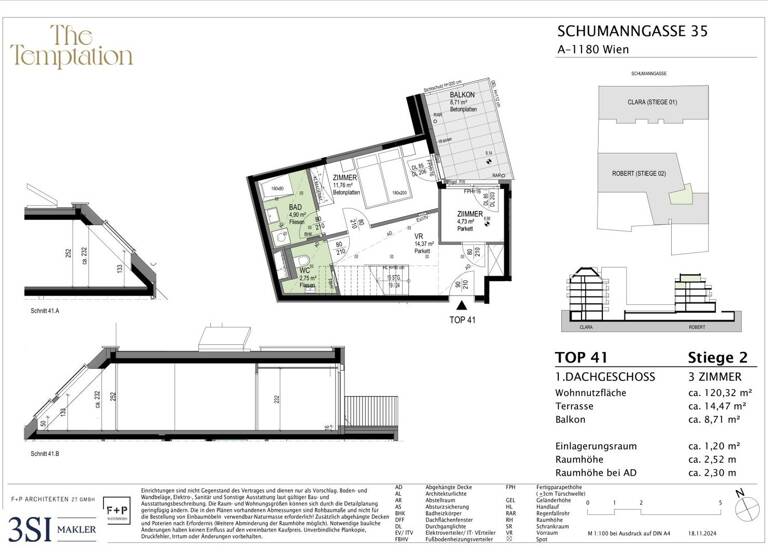 WG-Zimmer zum Kauf - Erstbezug 1.096.000 € 3 Zimmer 120,3 m² 4. Geschoss Schumanngasse 35 Wien 1180