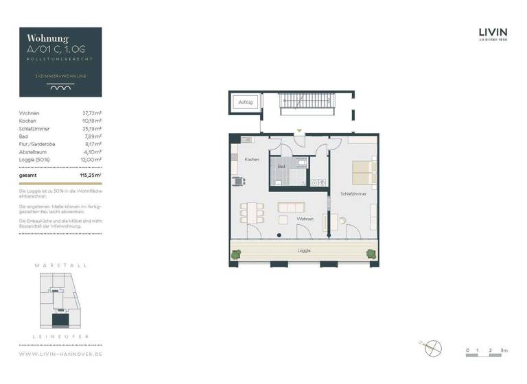 Wohnung zur Miete 1.781 € 2 Zimmer 115,1 m² 1. Geschoss Am Hohen Ufer 5B Mitte Hannover 30159