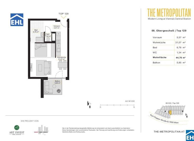 Studio zur Miete 679 € 1 Zimmer 44,8 m² 8. Geschoss frei ab sofort Wien 1100