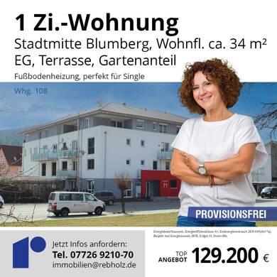 Terrassenwohnung zum Kauf provisionsfrei 129.200 € 1 Zimmer 34 m² EG frei ab sofort Hauptstr. 71 Blumberg Blumberg 78176