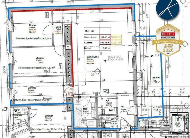 Terrassenwohnung zur Miete - Erstbezug 1.733 € 4 Zimmer 101,5 m² 4. Geschoss Wien 1100