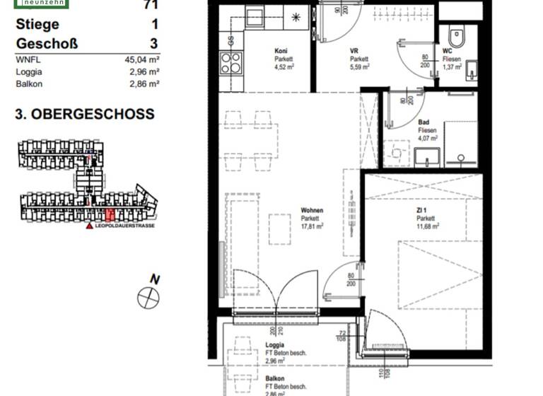 Wohnung zur Miete 695 € 2 Zimmer 45 m² 3. Geschoss frei ab 01.07.2026 Leopoldauer Straße 131 Wien 1210