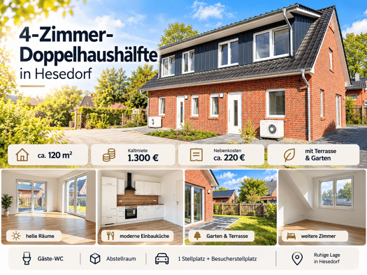 Doppelhaushälfte zur Miete - Erstbezug 1.300 € 4 Zimmer 120 m² frei ab sofort Borcheler Weg 5 Hesedorf Gyhum 27404