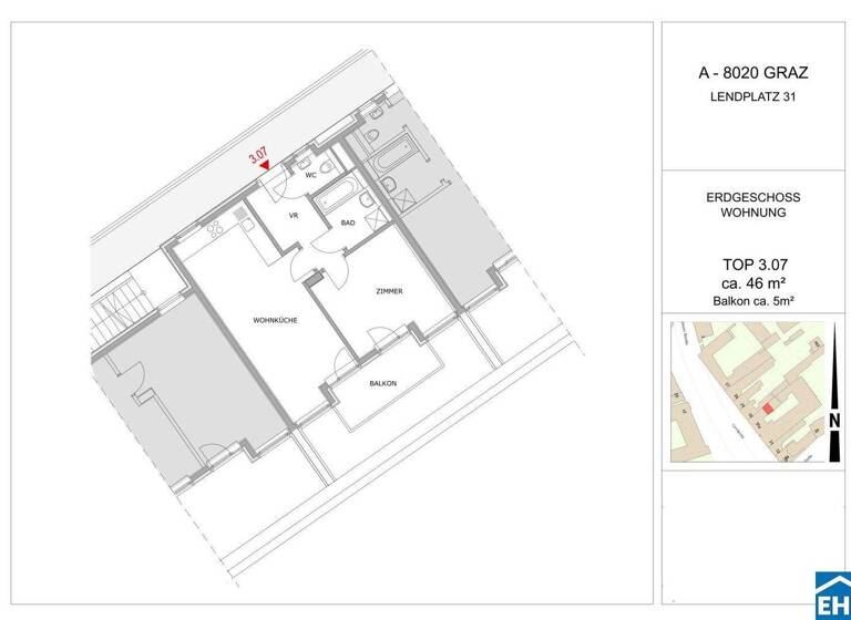 Wohnung zur Miete 494 € 2 Zimmer 46,2 m² 3. Geschoss Lendplatz Lend Graz 8020