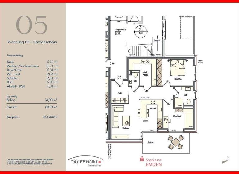 Wohnung zum Kauf provisionsfrei 364.000 € 3 Zimmer 83,1 m² 1. Geschoss Larrelt Emden 26723