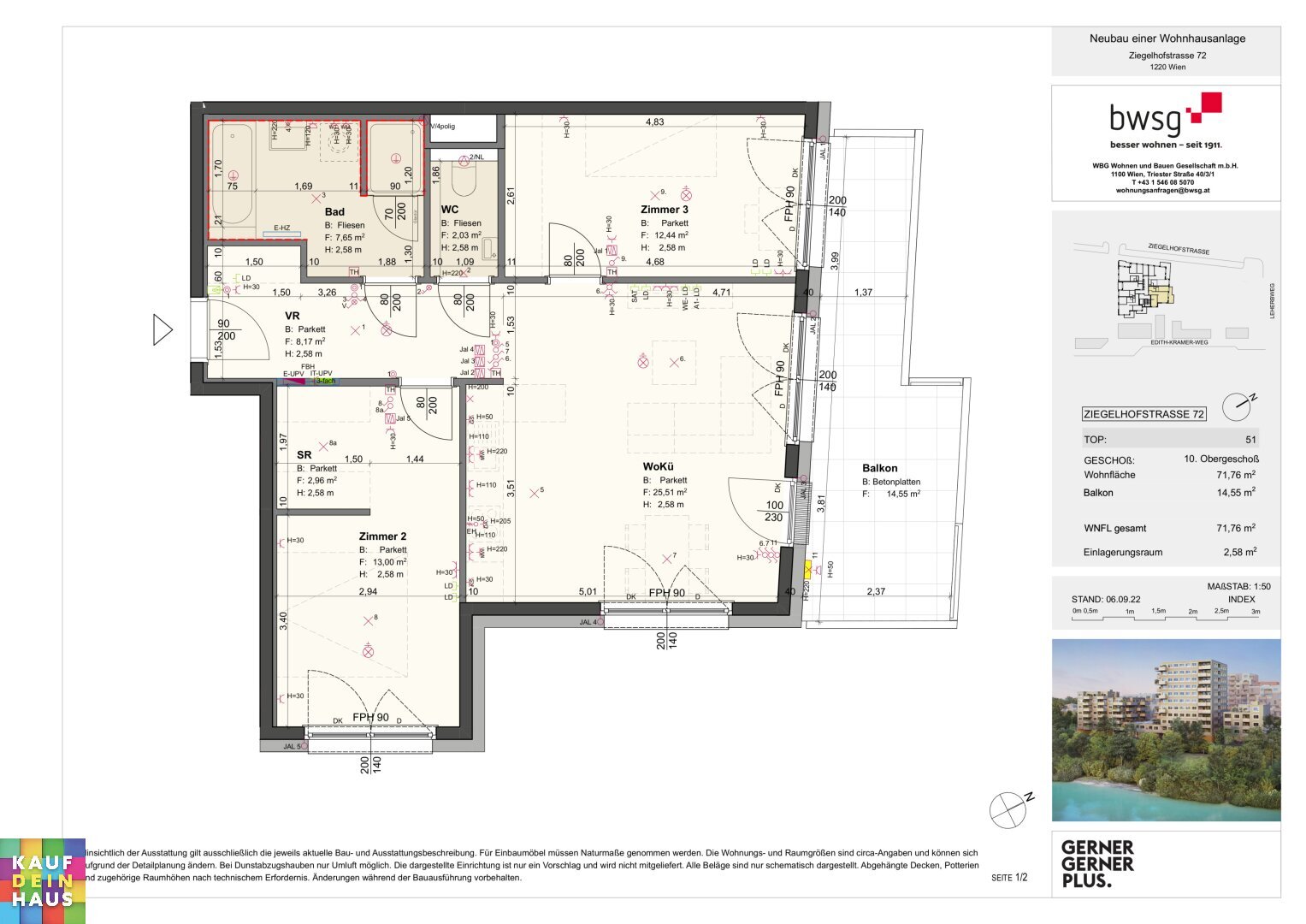 Wohnung zur Miete 1.122 € 3 Zimmer 71,8 m²<br/>Wohnfläche Ziegelhofstraße 72 Wien 1220