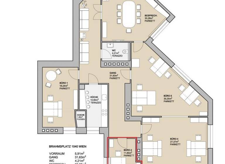 Büro zur Miete - Erstbezug 77,25 € 1 Zimmer 212 m² Bürofläche Brahmsplatz Wien 1040
